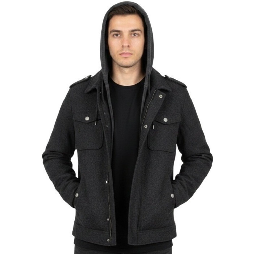 Black Premium Jacket Mens L Black‎ Hooded Military Full Zip Lined Casual Grunge